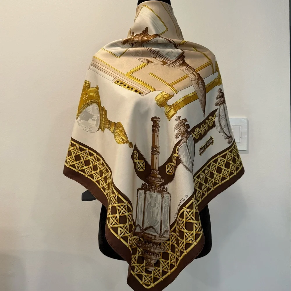 Hermes Paris Silk Scarf with Gold and Brown 34”